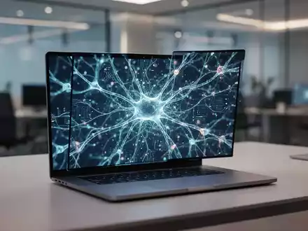 Ein offener Laptop auf einem Schreibtisch zeigt abstrakte, leuchtende neuronale Netzwerkmuster, die KI-Modelle ohne Cloud symbolisieren. - Foto: über boerse-global.de