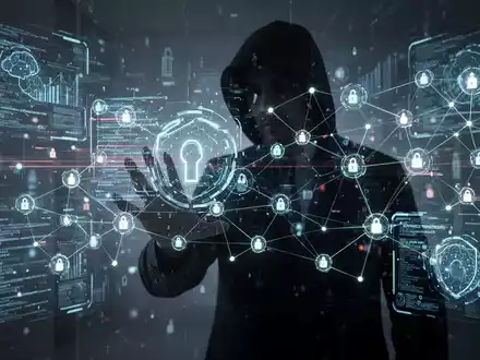 A shadowy figure interacts with glowing holographic data streams and network nodes, symbolizing hidden AI within a corporate network. - Foto: über boerse-global.de