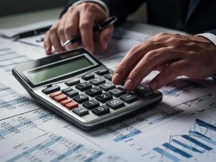 Nahaufnahme einer Person, die einen Taschenrechner bedient, umgeben von Finanzdokumenten und Zahlen, die Lohnabrechnung und Compliance symbolisieren. - Foto: über boerse-global.de