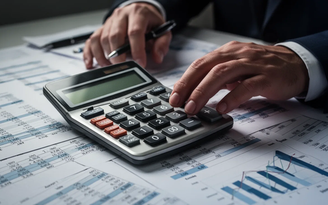 Nahaufnahme einer Person, die einen Taschenrechner bedient, umgeben von Finanzdokumenten und Zahlen, die Lohnabrechnung und Compliance symbolisieren. - Foto: über boerse-global.de