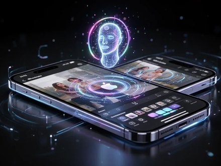 Ein futuristisches Smartphone zeigt fortschrittliche KI-Foto-Bearbeitung und ein holografisches Siri-Symbol. - Foto: über boerse-global.de