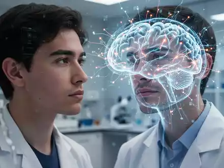 Ein junger Erwachsener betrachtet eine digitale Gehirnscan-Visualisierung, die frühe Lebensfaktoren und neuronale Netzwerke darstellt. - Foto: über boerse-global.de