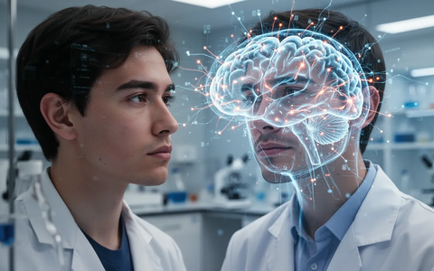 Ein junger Erwachsener betrachtet eine digitale Gehirnscan-Visualisierung, die frühe Lebensfaktoren und neuronale Netzwerke darstellt. - Foto: über boerse-global.de