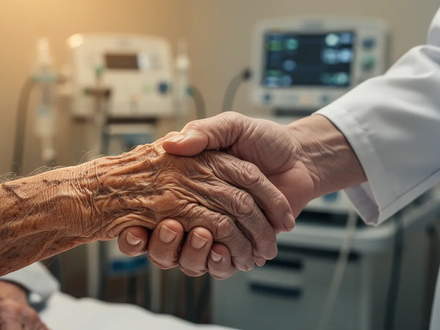 Eine ältere, faltige Hand hält die Hand eines medizinischen Fachpersonals, was Fürsorge und Unterstützung symbolisiert. - Foto: über boerse-global.de