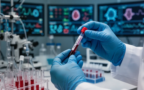 Nahaufnahme von Händen in blauen Handschuhen, die eine Blutprobe in einem Labor halten, mit verschwommener Laborausrüstung im Hintergrund. - Foto: über boerse-global.de