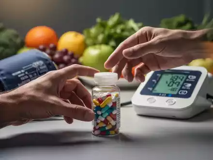 Eine Hand greift nach einer Pillenflasche, im Hintergrund verschwommen ein Blutdruckmessgerät und gesunde Lebensmittel. Symbolisiert die Herausforderungen der Bluthochdruckbehandlung. - Foto: über boerse-global.de