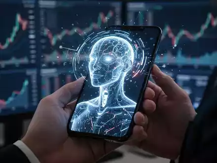 Eine futuristische, leuchtende digitale Benutzeroberfläche, die KI und Sprachbefehle auf einem Smartphone-Bildschirm darstellt. - Foto: über boerse-global.de