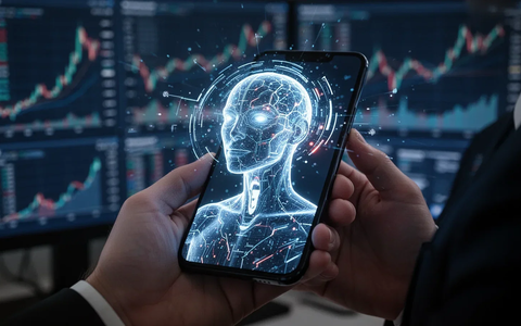 Eine futuristische, leuchtende digitale Benutzeroberfläche, die KI und Sprachbefehle auf einem Smartphone-Bildschirm darstellt. - Foto: über boerse-global.de