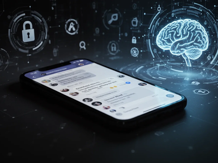 A smartphone screen showing a secure chat interface, with digital privacy icons and an AI symbol in the background. - Foto: über boerse-global.de