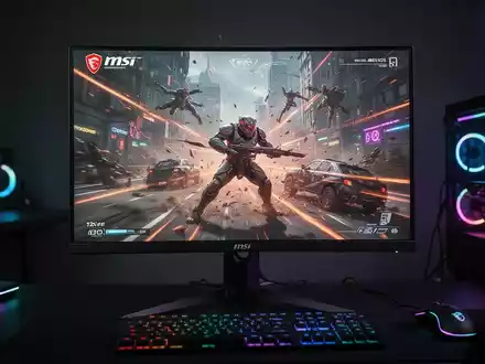An MSI MAG 275F E20 gaming monitor showing a high-speed game, set in a modern gaming environment with ambient lighting. - Foto: über boerse-global.de