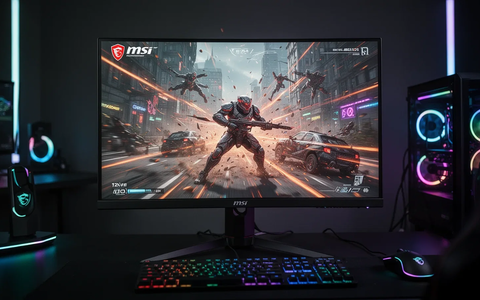 An MSI MAG 275F E20 gaming monitor showing a high-speed game, set in a modern gaming environment with ambient lighting. - Foto: über boerse-global.de