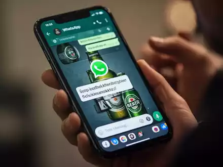 Ein Smartphone-Bildschirm zeigt eine WhatsApp-Nachricht mit einem verdächtigen Link und einem Bierlogo, während eine Hand das Telefon hält. - Foto: über boerse-global.de