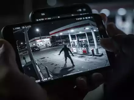 Nahaufnahme eines Smartphone-Bildschirms, der eine Live-Überwachungsaufnahme eines Einbruchs in eine Tankstelle bei Nacht zeigt. - Foto: über boerse-global.de