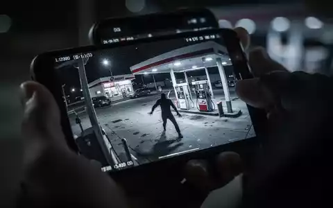 Nahaufnahme eines Smartphone-Bildschirms, der eine Live-Überwachungsaufnahme eines Einbruchs in eine Tankstelle bei Nacht zeigt. - Foto: über boerse-global.de