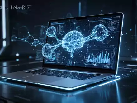 A futuristic laptop with a glowing blue screen displaying AI network graphics, symbolizing advanced computing and artificial intelligence. - Foto: über boerse-global.de