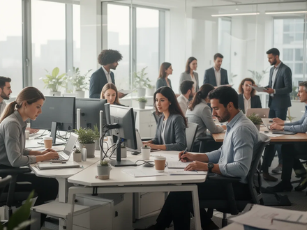 Eine vielfältige Gruppe von Fachleuten arbeitet in einem modernen, hellen Büro. Sie interagieren und konzentrieren sich auf ihre Aufgaben, was eine gesunde Arbeitsumgebung widerspiegelt. - Foto: über boerse-global.de