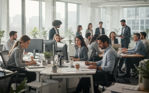 Eine vielfältige Gruppe von Fachleuten arbeitet in einem modernen, hellen Büro. Sie interagieren und konzentrieren sich auf ihre Aufgaben, was eine gesunde Arbeitsumgebung widerspiegelt. - Foto: über boerse-global.de