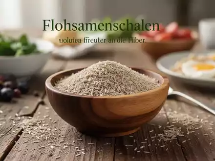 Nahaufnahme von Flohsamenschalen in einer Holzschale auf einem Holztisch, im Hintergrund ein verschwommener Frühstückstisch. - Foto: über boerse-global.de
