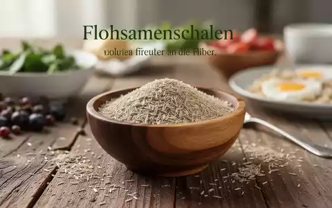 Nahaufnahme von Flohsamenschalen in einer Holzschale auf einem Holztisch, im Hintergrund ein verschwommener Frühstückstisch. - Foto: über boerse-global.de