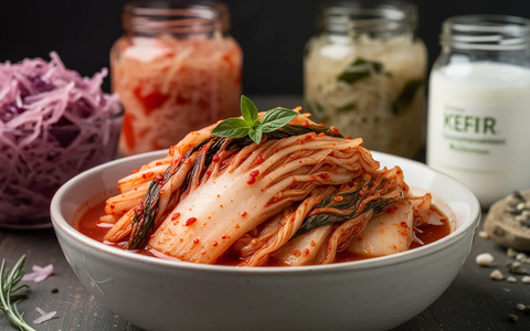 Eine Nahaufnahme einer Schale mit leuchtend rotem Kimchi, umgeben von verschwommenen Gläsern mit Sauerkraut und Kefir. - Foto: über boerse-global.de
