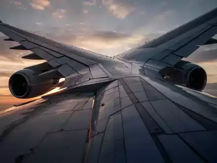 Nahaufnahme eines Flugzeugflügels mit Triebwerken vor einem dramatischen Himmel bei Sonnenaufgang oder -untergang. - Foto: über boerse-global.de