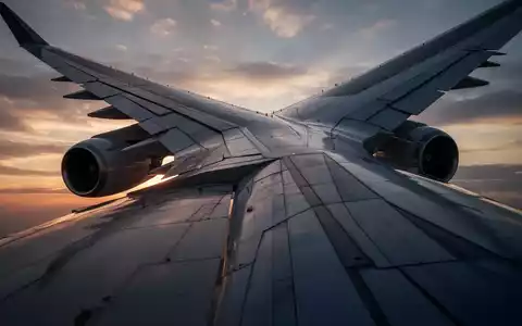 Nahaufnahme eines Flugzeugflügels mit Triebwerken vor einem dramatischen Himmel bei Sonnenaufgang oder -untergang. - Foto: über boerse-global.de