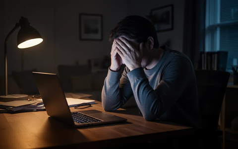Eine Person sitzt allein in einem dunklen Homeoffice, den Kopf in den Händen, wirkt gestresst. Ein Laptopbildschirm leuchtet. - Foto: über boerse-global.de