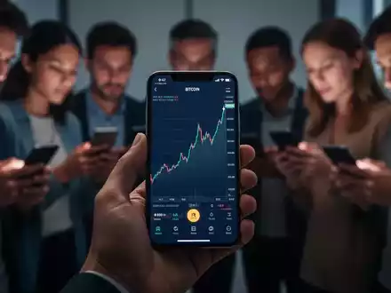 Nahaufnahme einer Hand, die ein Smartphone mit einem Bitcoin-Diagramm hält, im Hintergrund verschwommen Kleinanleger. - Foto: über boerse-global.de