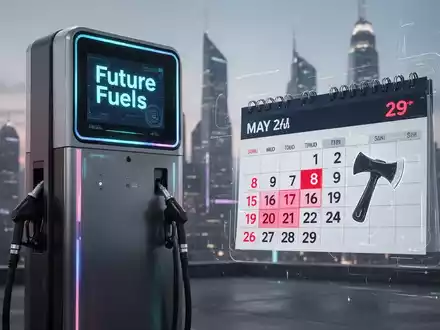 Eine futuristische Tankstelle mit einem digitalen Display, das Future Fuels anzeigt, neben einem Kalender mit hervorgehobenem 29. Mai und einem stilisierten Beil-Symbol. - Foto: über boerse-global.de