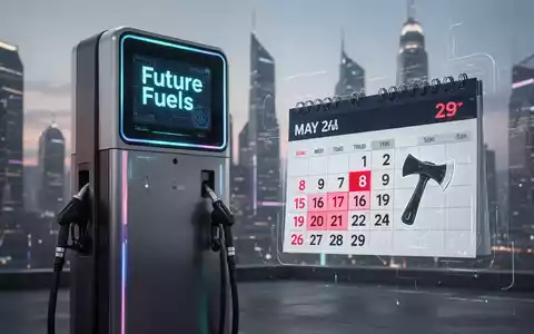 Eine futuristische Tankstelle mit einem digitalen Display, das Future Fuels anzeigt, neben einem Kalender mit hervorgehobenem 29. Mai und einem stilisierten Beil-Symbol. - Foto: über boerse-global.de