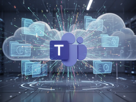 Holographic projection of file folders and data streams from a Microsoft Teams logo, representing digital file management and cloud security. - Foto: über boerse-global.de