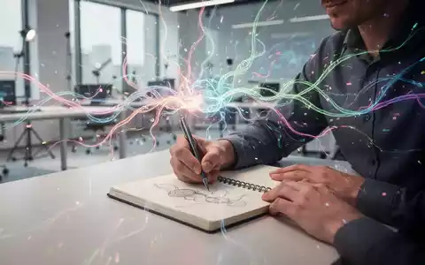 Eine Person skizziert in einem Notizbuch, umgeben von abstrakten, farbigen Lichtspuren, die kreatives Denken darstellen. - Foto: über boerse-global.de