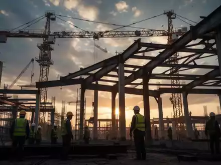 Industrielle Baustelle mit Kränen und Stahlträgern, Silhouetten von Arbeitern vor dramatischem Himmel. - Foto: über boerse-global.de