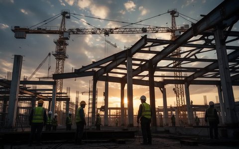Industrielle Baustelle mit Kränen und Stahlträgern, Silhouetten von Arbeitern vor dramatischem Himmel. - Foto: über boerse-global.de