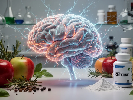 Ein stilisiertes Gehirn mit leuchtenden neuronalen Netzwerken, umgeben von gesunden Lebensmitteln und Nahrungsergänzungsmitteln. - Foto: über boerse-global.de