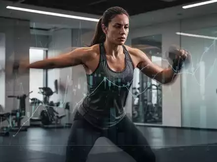 Eine Person beim hochintensiven Intervalltraining in einem modernen Fitnessstudio, mit subtilen Finanzdiagrammen im Hintergrund. - Foto: über boerse-global.de