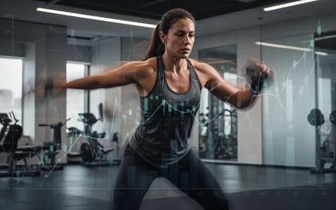 Eine Person beim hochintensiven Intervalltraining in einem modernen Fitnessstudio, mit subtilen Finanzdiagrammen im Hintergrund. - Foto: über boerse-global.de