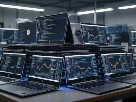 A stack of refurbished professional laptops, including HP, Lenovo, Dell, and Apple models, in a modern tech workshop. - Foto: über boerse-global.de