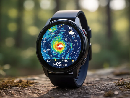 A close-up of a modern smartwatch displaying a storm radar map and weather alerts, with a blurred outdoor environment in the background. - Foto: über boerse-global.de