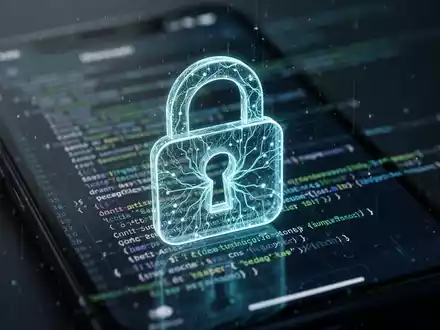 A digital lock icon over a blurred iPhone screen with code, symbolizing mobile security and AI vulnerability protection. - Foto: über boerse-global.de