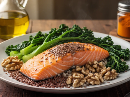 Ein Teller mit Lachs, Walnüssen, Leinsamen und grünem Gemüse, daneben Olivenöl und Kurkuma. Fokus auf gesunde Ernährung. - Foto: über boerse-global.de