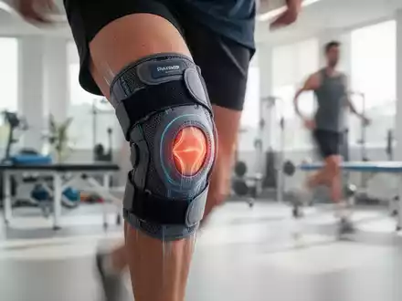 Nahaufnahme eines Knies mit einer medizinischen Bandage, im Hintergrund verschwommen ein modernes Physiotherapiezentrum. - Foto: über boerse-global.de