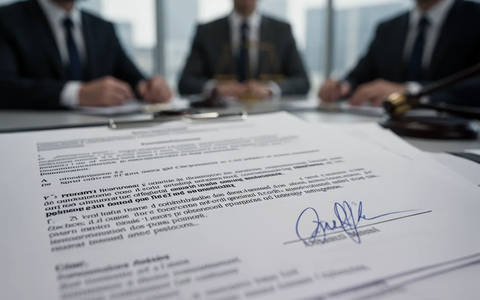 Ein Nahaufnahme eines juristischen Dokuments oder Vertrags, mit unscharfen Personen im Hintergrund, die eine Unternehmensumgebung andeuten. - Foto: über boerse-global.de