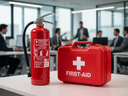 Ein Feuerlöscher und ein Erste-Hilfe-Kasten in einem modernen Büro, symbolisieren Arbeitssicherheit und Notfallvorsorge. - Foto: über boerse-global.de