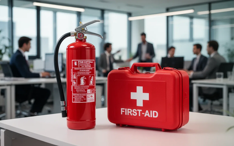 Ein Feuerlöscher und ein Erste-Hilfe-Kasten in einem modernen Büro, symbolisieren Arbeitssicherheit und Notfallvorsorge. - Foto: über boerse-global.de
