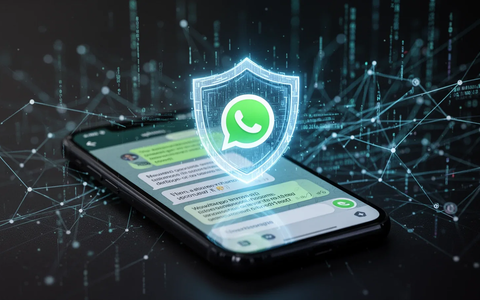 Ein Smartphone-Bildschirm zeigt einen WhatsApp-Chat mit einem digitalen Schildsymbol, das Schutz und Sicherheit symbolisiert. - Foto: über boerse-global.de