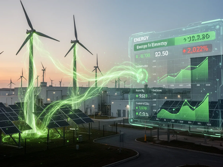 Eine stilisierte Darstellung von grüner Energie, die von Windturbinen und Solarpaneelen in eine digitale Schnittstelle fließt. - Foto: über boerse-global.de