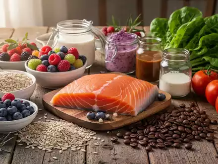 Eine Stillleben-Anordnung von mediterranen Lebensmitteln wie Lachs, Beeren, Vollkornprodukten und Gemüse auf einem Holztisch. - Foto: über boerse-global.de