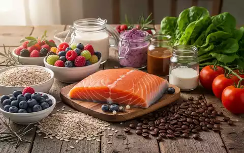 Eine Stillleben-Anordnung von mediterranen Lebensmitteln wie Lachs, Beeren, Vollkornprodukten und Gemüse auf einem Holztisch. - Foto: über boerse-global.de
