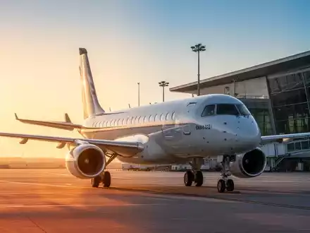 Ein modernes Embraer E195-E2 Passagierflugzeug auf einem Rollfeld bei Sonnenaufgang, mit einem Flughafenterminal im Hintergrund. - Foto: über boerse-global.de